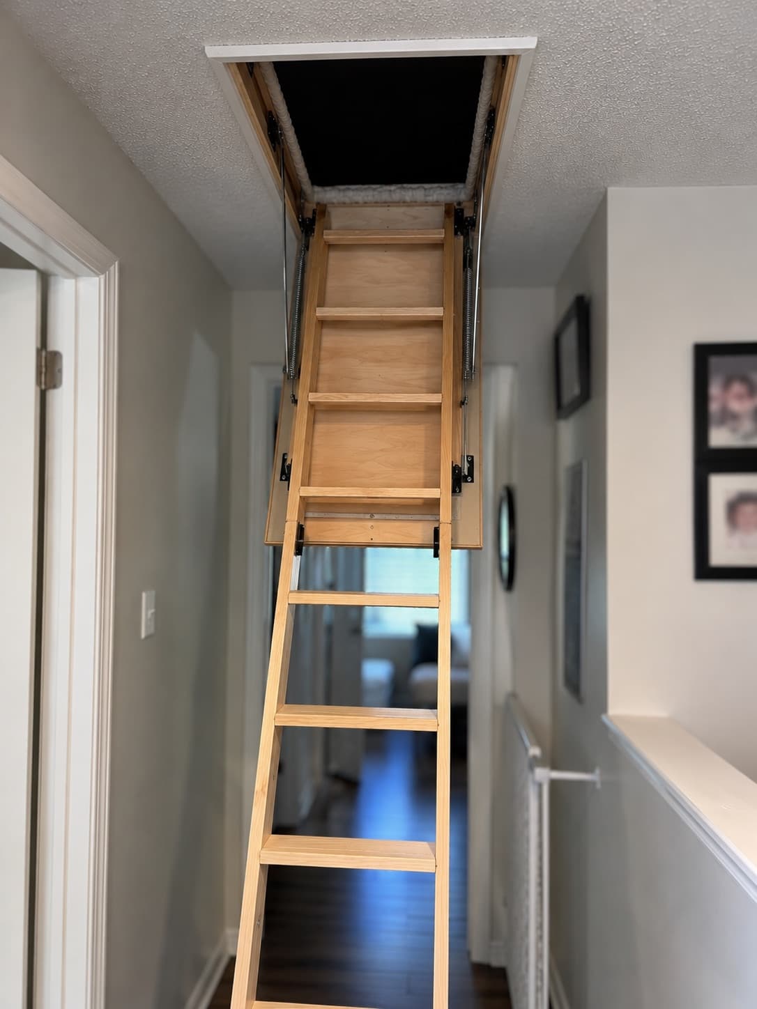 A newly installed pull-down wooden attic ladder extended into a hallway.