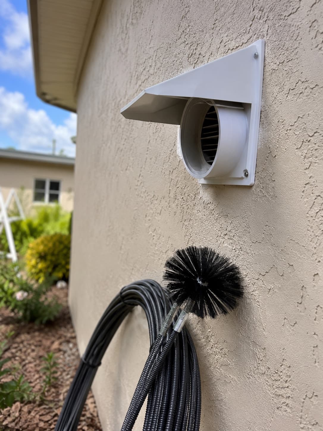 A clean exterior dryer vent with a duct-cleaning brush beside it.
