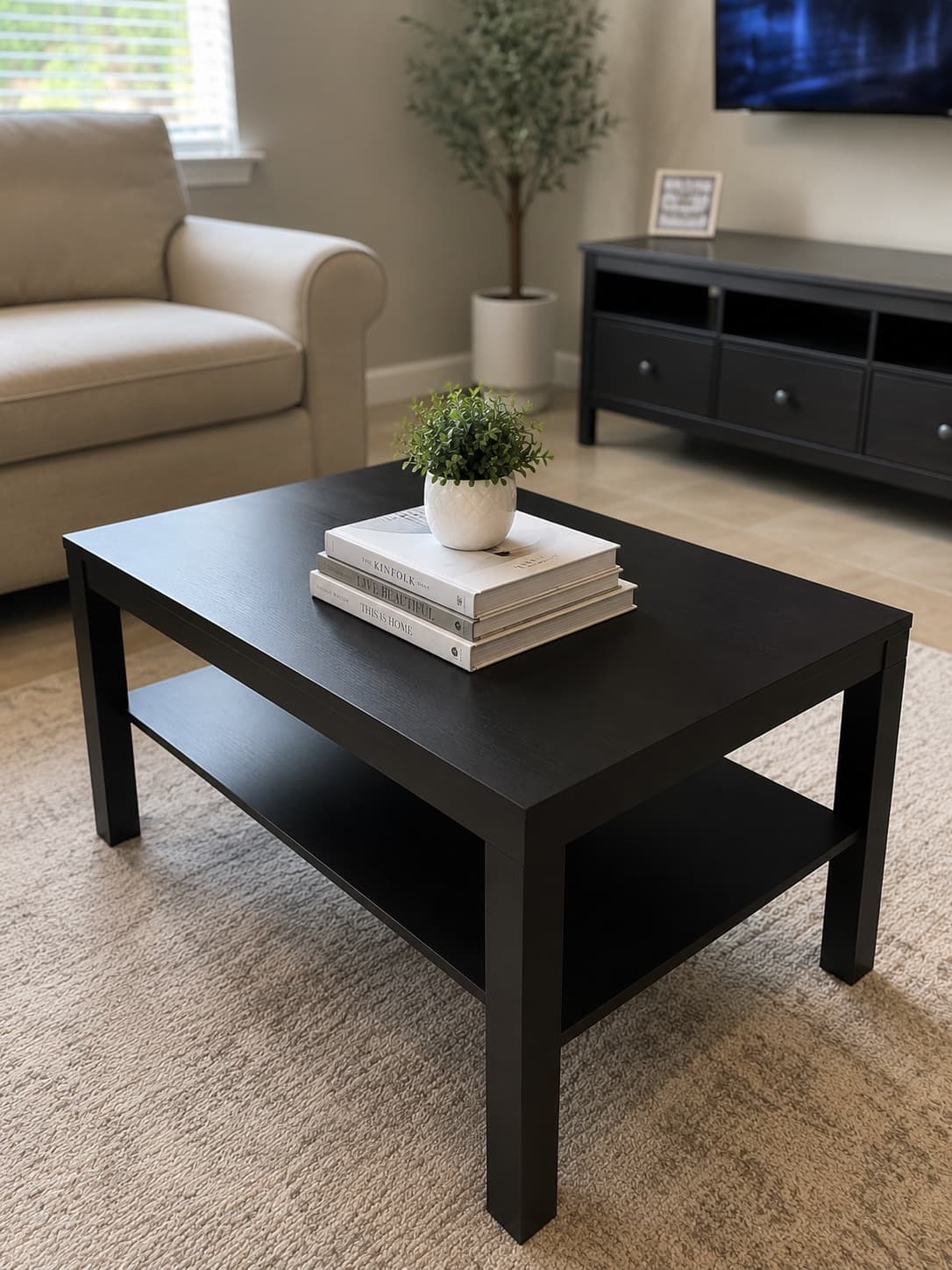 A fully assembled coffee table in a furnished living room.