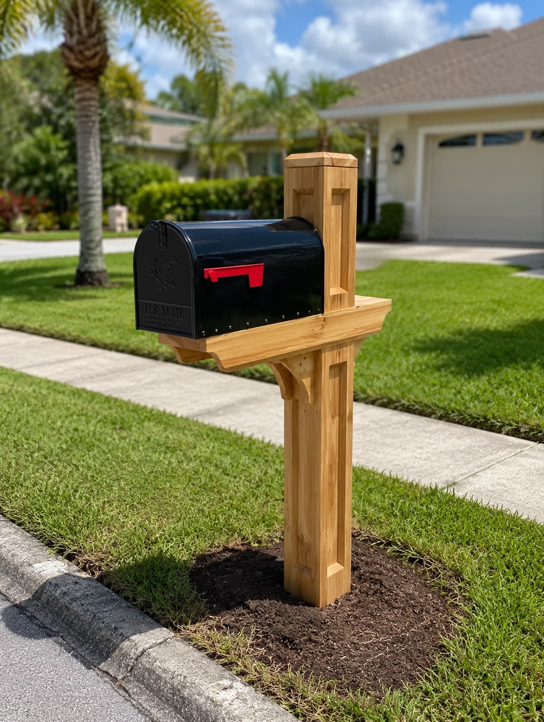 A new mailbox mounted on a freshly set wooden post at a Florida curbside.