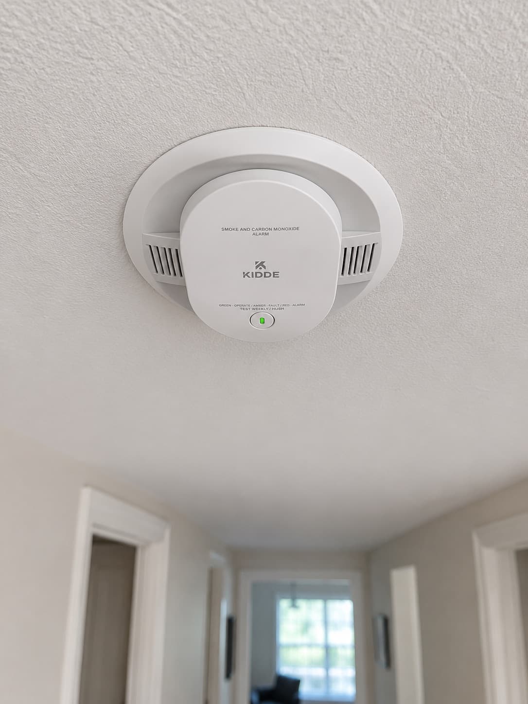 A newly installed smoke and carbon monoxide detector on a hallway ceiling.