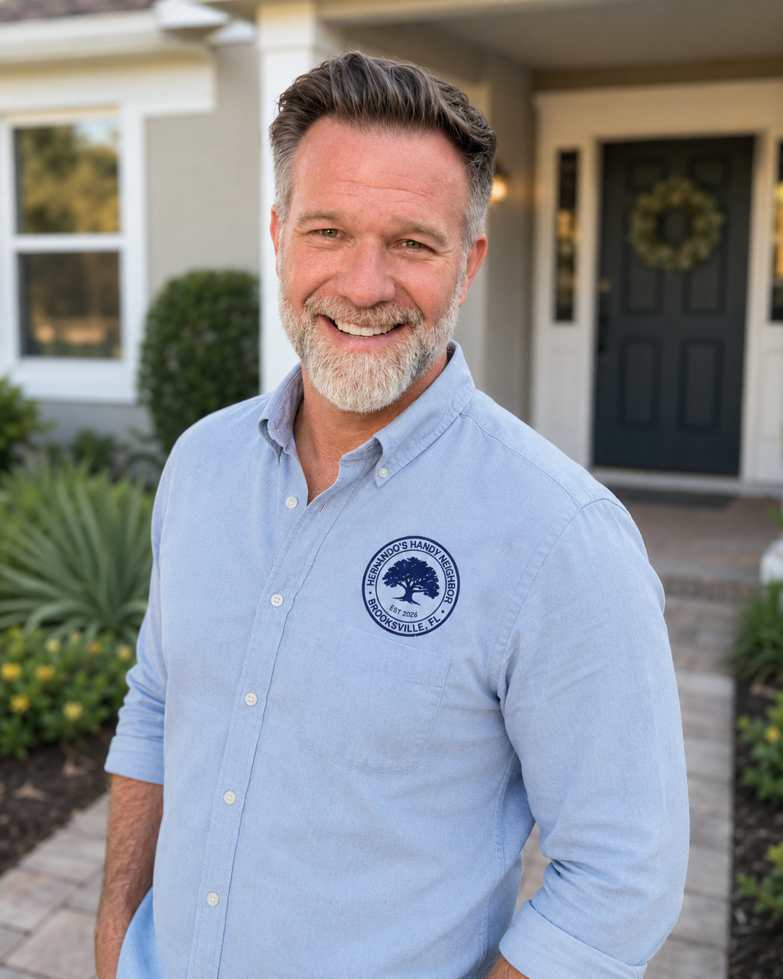 Shawn, the owner of Hernando's Handy Neighbor, in a branded shirt in front of a home